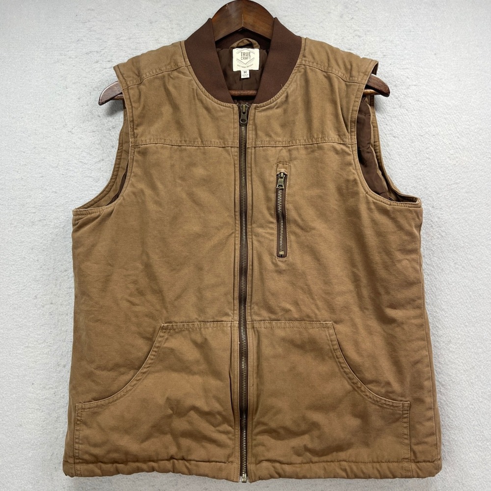 True Craft Vest Mens M Brown Cotton Canvas Quilted Full Zip Workwear Utility